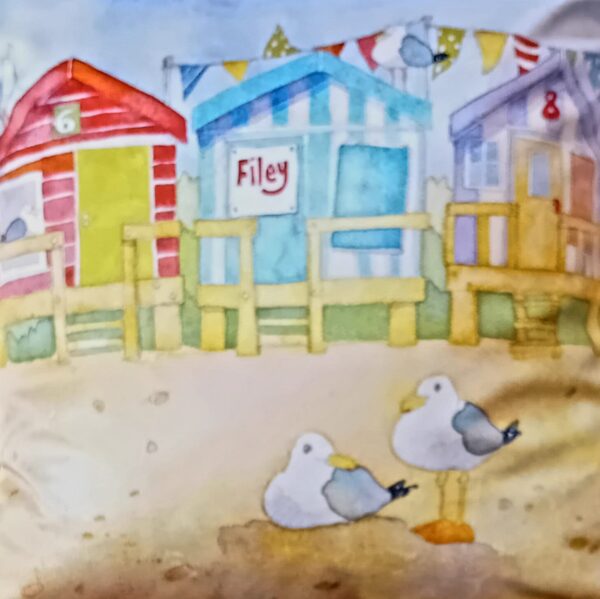 'Filey Beach Hut' Velvet Cushion by Emma Ball - Image 2