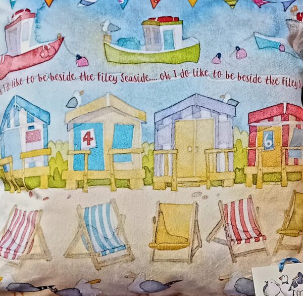 Oh I do like to be beside the Filey seaside' Velvet Cushion by Emma Ball